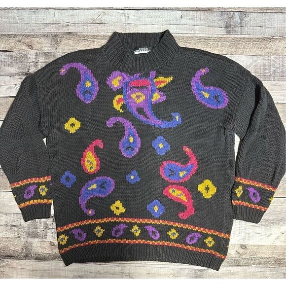 Vintage Sweaters - Vintage Funky Boho Paisley Print Chunky Knit Mock Neck Grandma Sweater | Medium